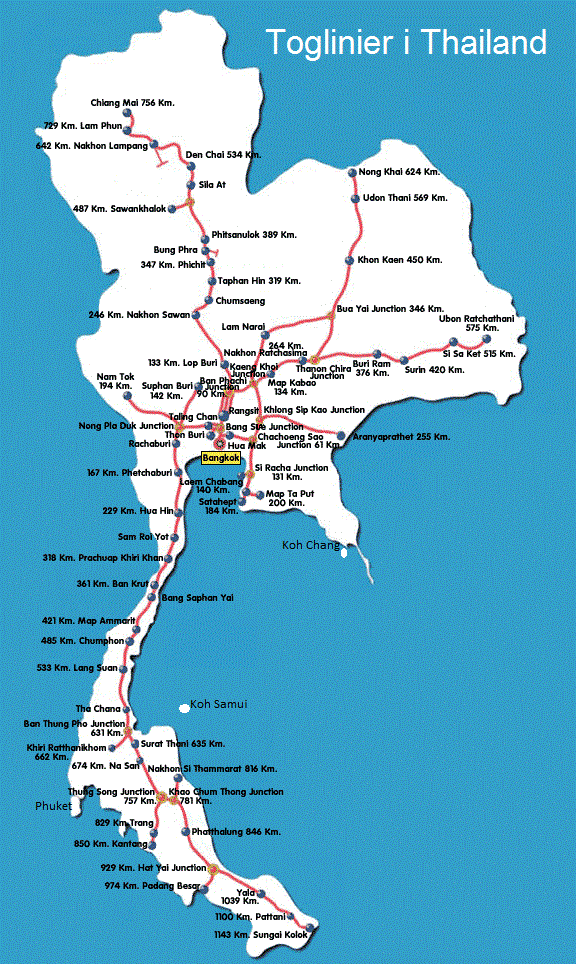 Kort over toglinier i Thailand